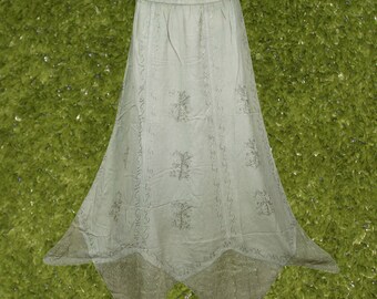 Womens Boho Skirt, Stonewashed Green Embroidered Skirt with Uneven Hem Skirts, Handmade, Hippe, Midi Skirts M/L