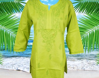 Women Embroidered Short Tunic, Kurti Cotton Top, Neon Green Blouse, Casual Handmade Blouse, Tunic Top, Travel Fashion M/L
