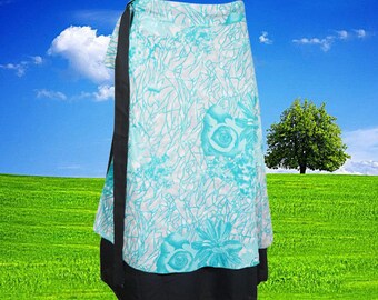 Womens Wrap Skirt, Short Bohemian Clothing, Blue Floral Skirt, Beach Cover Up, Silk Sari Magic Wrap Around Skirts, One size