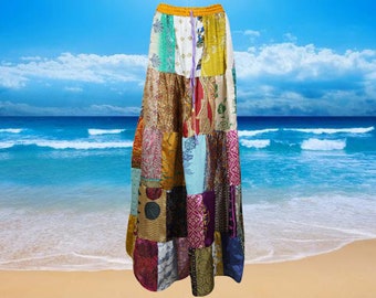 Women Beach Maxi Skirt, Recycle Silk Bohemian FALL Skirts, Colorful Travel Skirt, Handmade Patchwork Skirts S/M/L