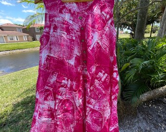 Womens Boho Sundress, Summer Beach Sleeveless Trapeze, Pink Tie Dye Swing Dress Cover Up Sundress L