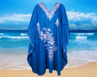 Midi Cotton Kashmiri Kaftan With All over Embroidery, Blue Floral Embroidery Kaftan for Summers, Bohemian Loose Caftan Dresses One Size L-4X