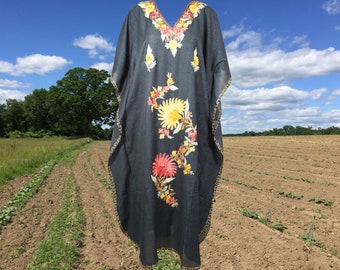 Bohemian Maxi kaftan dress, Kimono sleeve caftan, Chic embroidered caftan, Handmade cotton, Black Maxi Kaftan Dresses One size ,L-2XL