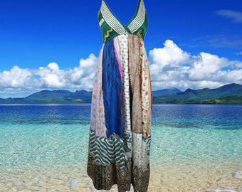 Womens Deep V Maxidress, Fall Maxi Dress, Blue Euphoria Recycled Silk Maxi Dress, Boho Hippy Beach Dress S/M