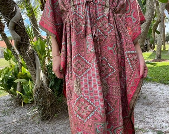 Womens Maxi Kaftan Dress, Blush Coral Olive Green Printed, Butter Silk Dress, Beach Cover Up, Cruise Kaftan, Lounger Dresses L-3X One size