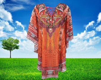 Womens Caftan Dress, Knee Length Orange Pink JEWEL Printed Beach Bikini Cover Up Sheer Georgette Kaftan, Bohemian Caftan Dresses L-2X