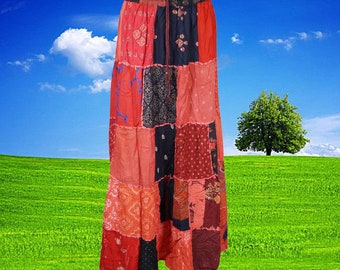 Womens Handmade Boho Patchwork Skirt, Maxi Skirts, Ethnic Vintage Long Skirt, Recycle Red Long Skirts S/M/L