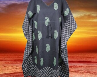 Black Green Paisley Kaftan Midi Dresses, Kimono, Mummuu, Resort Wear Dress, Summer, Cotton Kaftan Dress, Beach, Coverup, Dresses S/M/L