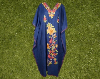 Womens Maxi Kaftan Dresses, Blue Embroidered Dress, Travel Gifts, Handmade Boho Dress, Resort Wear, Beach Caftan Dress, One size, L-2XL