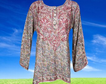 Womens Tunic Top, Handmade Pink Floral Printed Silk Tunic Dress, Embroidered Tunic, Gift, Bohemian Clothing, Indian Kurta XL