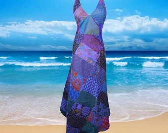 Womens Patchwork Strap Maxi Dress, Stunning Handmade Beautiful Blue Patchwork Prints Long Dresses S/M