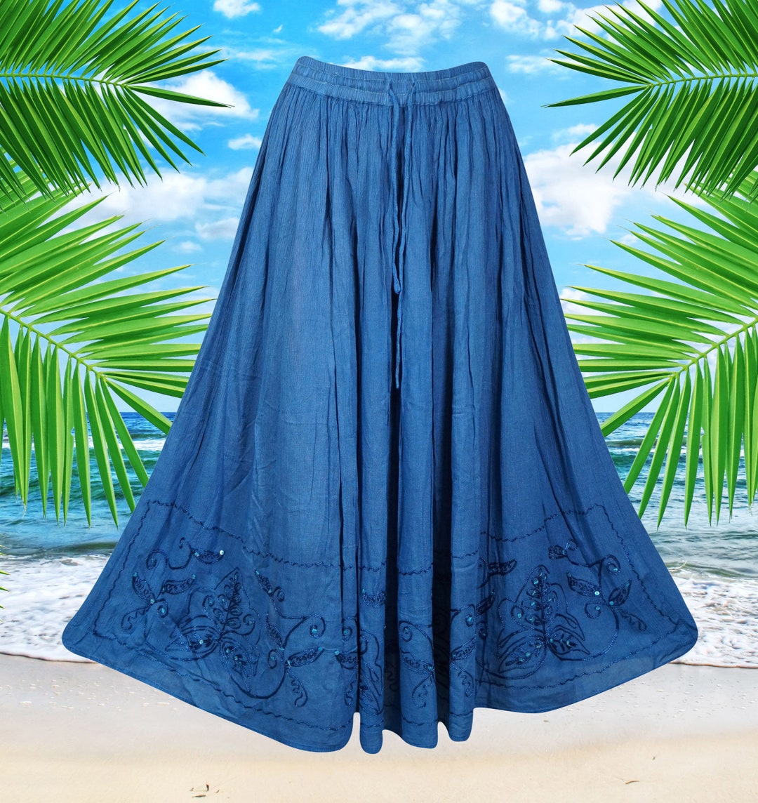 Womens Maxi Skirt, Blue Embroidered, Hippie Vintage Retro Maxi Skirts Handmade, Hippe, Midi