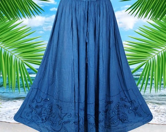 Womens Maxi Skirt, Blue Embroidered, Hippie Vintage Retro Maxi Skirts   Handmade, Hippe, Midi Skirts S/M/L