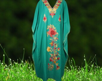 Fall Green Kaftan Maxi Dress, Cotton Caftan dresses, Womens Resort Wear, Housedress, Embroidered Kimono Maxi Dress, Gift, Vacation, L-2Xl