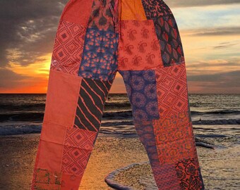 Boho Hippy Gypsy Pants, Womens Red Patchwork Yoga Trousers Pants, Funky Festival Hippy Pajama, Handmade Clothing S/M/L