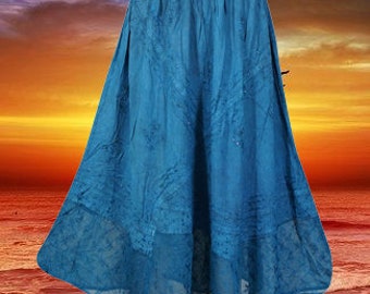 Blue Long Skirt with Embroidery, Boho Maxi Skirts, Sheer Lace Hem, Hippie Maxi Skirt, Elastic Waist Skirt, Ren Faire Clothing S/M/L