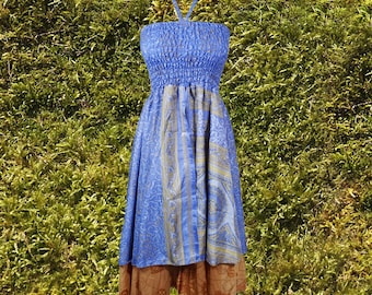 Womens Boho Summer Dress, Blue Handkerchief Hem Printed Recycled Silk Halter Dress Two Layer Womens Travel Dresses S/M