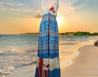 Womens Silk Maxi Dress, Flowy Dresses, Blue Lagoon Summer Beach Maxi Dress, Strapdress, Recycle Silk Handmade Dresses S/M