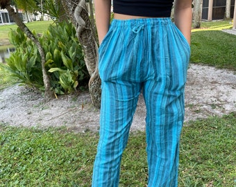 Striped Boho Hippie Trousers, Unisex Pants, blue Trousers with Pockets, Handmade Loose Fit Pant, Pants With Pockets S/M