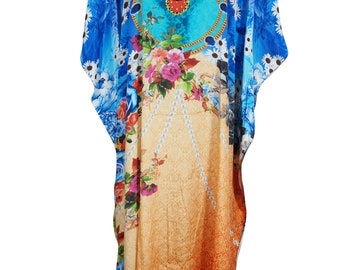 Womens Boho KAFTAN, Maternity Dress, Beach Maxi Dress, Blue Peach Floral Kimono Sleeves Kaftan, Lounge, Resort Cover Up Dress One size