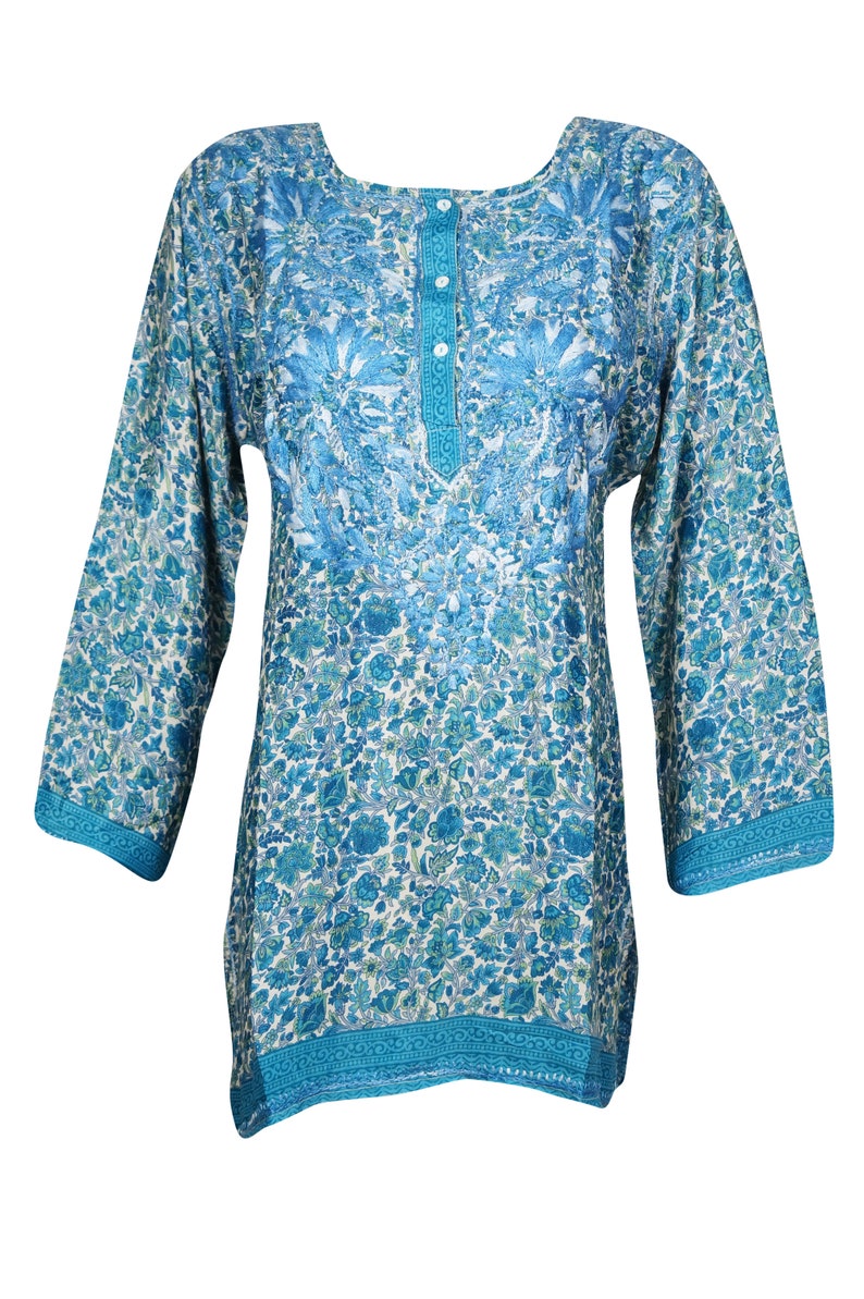 Womens Silk Tunic Top Vivid Blue Floral Printed Tunic Etsy