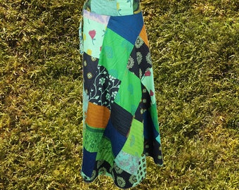 Womens Wrap Around Skirts, Cotton Skirts, Green Black Patchwork Boho Maxi Skirt, Bohemian Fashion One Size