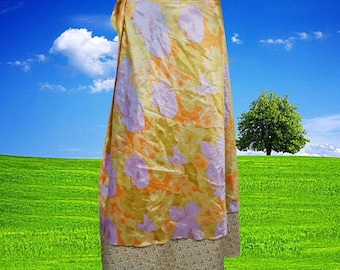 Womens Beach Long Wrap Skirt, 2 Layer Skirts, Yellow White Printed Sari Skirt, Beach Wear, Handmade, Travel, Reversible Wrap Skirts One Size
