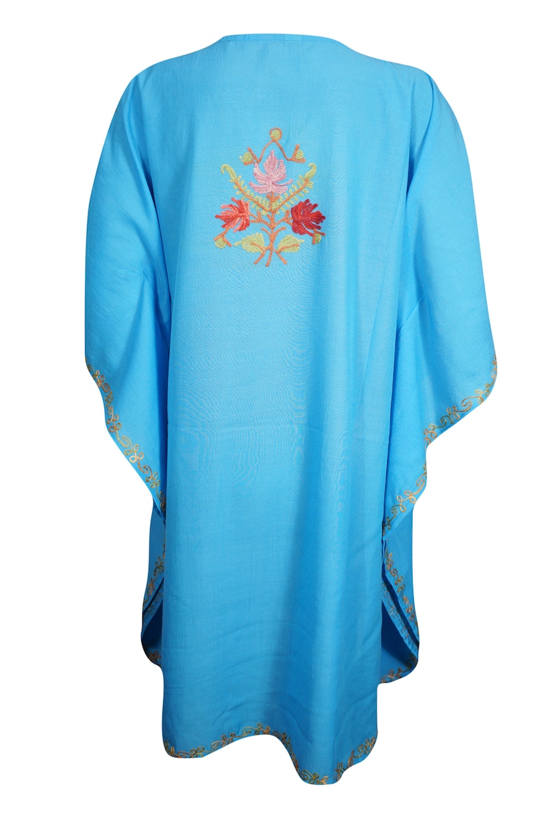 Bohemian Women Beach Kaftan Blue Floral Kimono Dress Lounger Swimwear Cover Up Tunic One Size