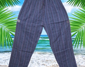 Boho Hippy Pant Unisex Cotton Yoga Pants, Blue Stripe Loose Comfy Meditation Summer Pajama S/M