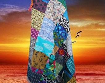 Womens Cotton Wrap Skirt in Mixed Blue Floral Patchwork, Long Length Hippie Skirts, Boho Beach Wrap Around Skirt One Size