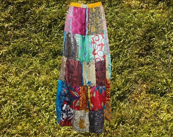 Boho Patchwork Skirt, Beachy Maxi Skirts, Handmade, Angel Face Skirt, Festival, Gypsy Skirt, Recycle Silk, Long Boho Skirt S/M/L