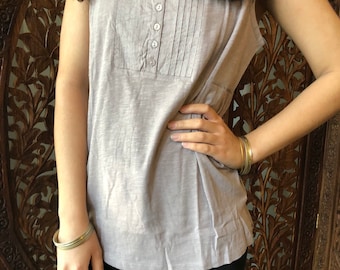 Womens Tank Top, Bohemian Summer Blouse, Boho Chic Gray Pinntuck Top, Handmade Sleeveless Boho Blouse ML