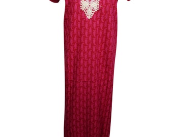 Boho Cotton Red Caftan Dress Short Sleeves Printed Sleepwear Nightgown Holiday Kaftan L