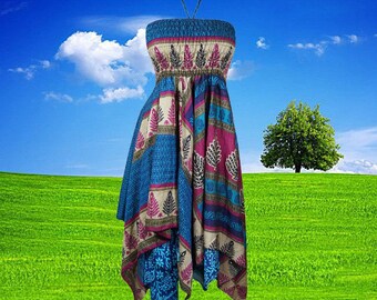 Women Sundress, Halter Dresses, Blue Handmade Boho Dress, Printed Uneven Hem Recycled Silk Sari Boho Beach Halter Dress S/M