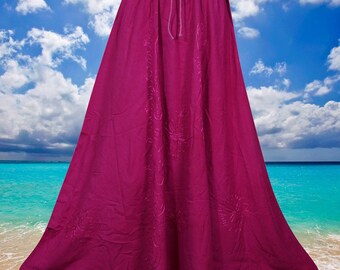 Chic Deep-Hued Fairy Skirt with Floral Details in Magenta Pink Rayon Long Skirts, Elastic Waist, Skirt  , Handmade, Hippe, Midi Skirts S/M/L