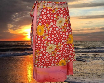 Womens Summer Magic Wrap Skirt, Red Pink Floral Print Double Layers Knee Wrap Skirts, Recycled Sari Wrap Skirt One size