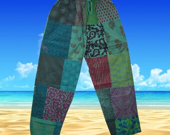 Womens Handmade Soft Patchwork Trousers, Green Pajama Pants, Boho Hippie Pants, Summer Cotton Harem Pants, Floral Pants S/M/L