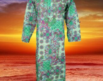 Green Long Tunic Embroidered kaftan, Bohemian Tunic Dress, Cotton Indi Boho Summer Kurti, Casual Long Tunic Dress L