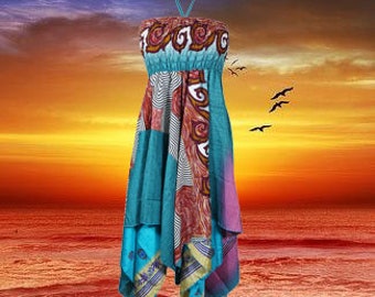 Women's Floral Halter Dress, Mid Summmer Breeze Bohemian Travel 2 Layer Beach Hi Low Sundress S/M