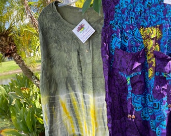 Womens Loose Oversize Tunic Green Tie Dye Comfy Top, Mandala PRINT Purple Harem pants, Boho Chic Style SM, 2pc set
