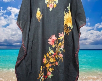 Women Short Kaftan Dress, Black Embroidered, Oversized Tunic, Leisure Wear Floral Caftan Party Wear Crepe Boho Kaftan, L-2X