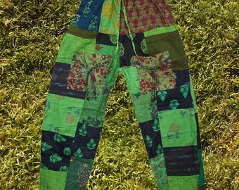 Summer Forest Patch Pants, Bohemian Cotton Patchwork Pants, Hippie Pants, Boho Pants Beach Stonewashed Travel Pant S/M/L