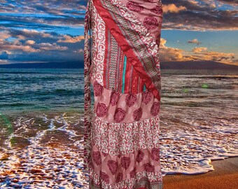 Women Ruffle Wrap Skirt, Tiered Maxi Wrap Skirts, Red Pink Paisley Printed Beach Skirt, Sari Wrap Skirt, Gypsy Skirt One size