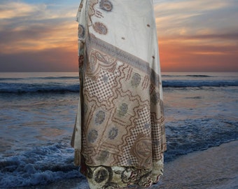Womens Long Wrap Skirt, Beige Floral Print Beach Cover Up, Boho Two Layer Silk Sari, Magic Wrap Around Skirts One size