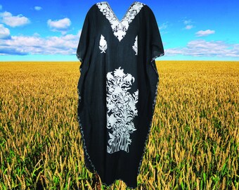 Womens Kaftan Maxi Dress, Handmade Gift, Flowy Caftan, Jet Black Housedress, Caftan Embroidered Kaftan, Bohemian Fashion L-2XL