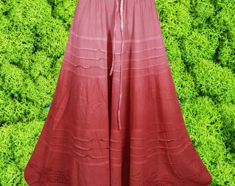 Red Ombre Renaissance Western Long Skirt, Boho Embroidered Maxi skirts, Tiered Handmade Boho Skirts S/M/L