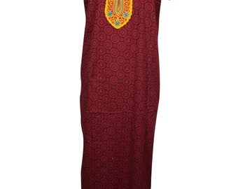 Maroon Cotton Long Maxi Caftan Dress Nightgown Short Sleeves Printed Sleepwear Nightgown Evening Dress Kaftan L