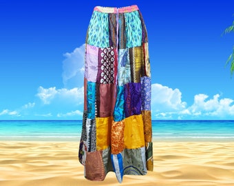 Womens Maxi Skirt, Catalina Blue Festive Patchwork Vintage Retro Maxi Flared Skirts, Recycle Silk Casual Comfy Travel Skirt S/M/L