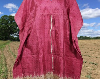 Womens Kaftan Short  Dress, Beetroot  Printed, Recycled Sari Summer Resort Wear, Beach Caftan Dresses S/M/L