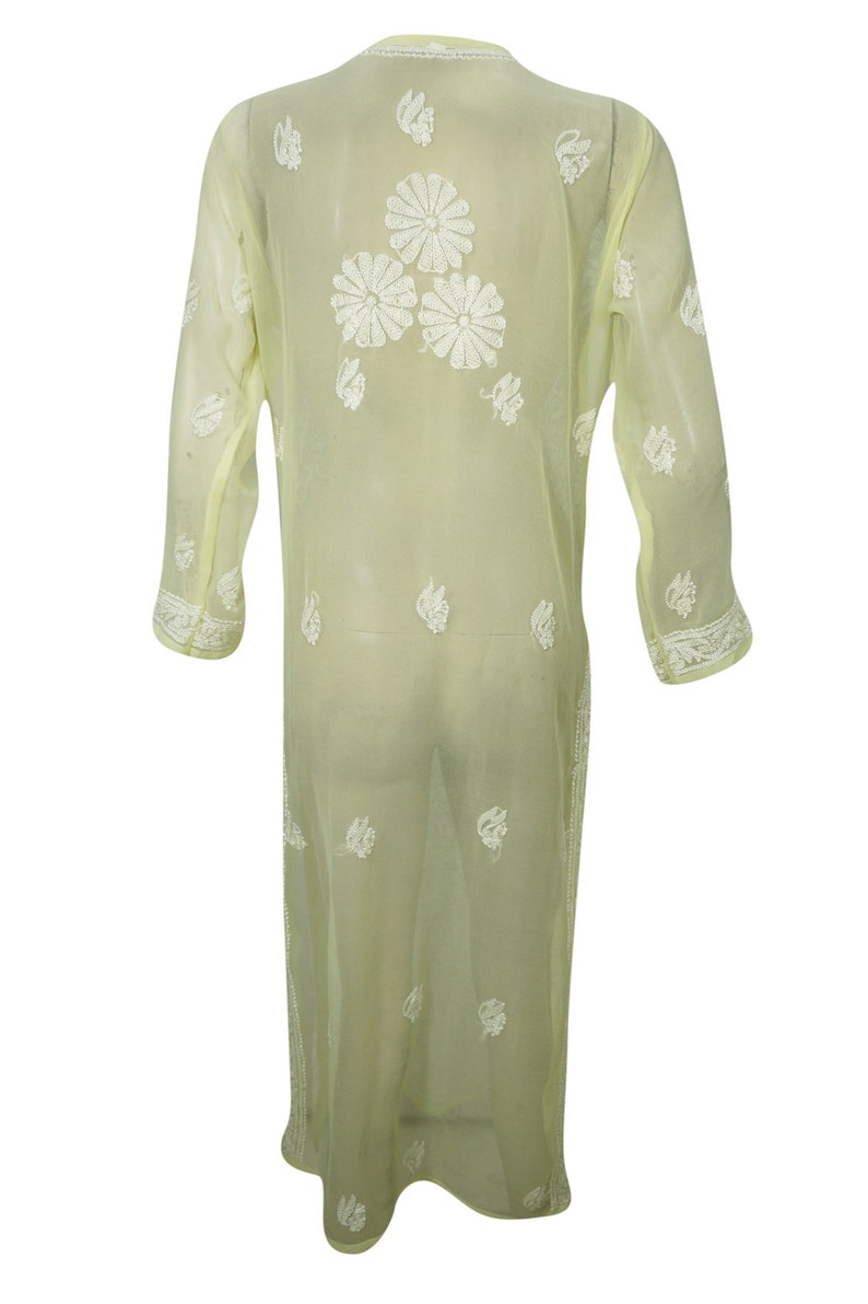 Womens Tunic Maxi Dress Yellow Embroidered Designer Georgette Indian Kurti Bikini Cover Up L